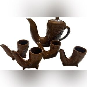 Bulgarian pottery horn decanter with glasses set